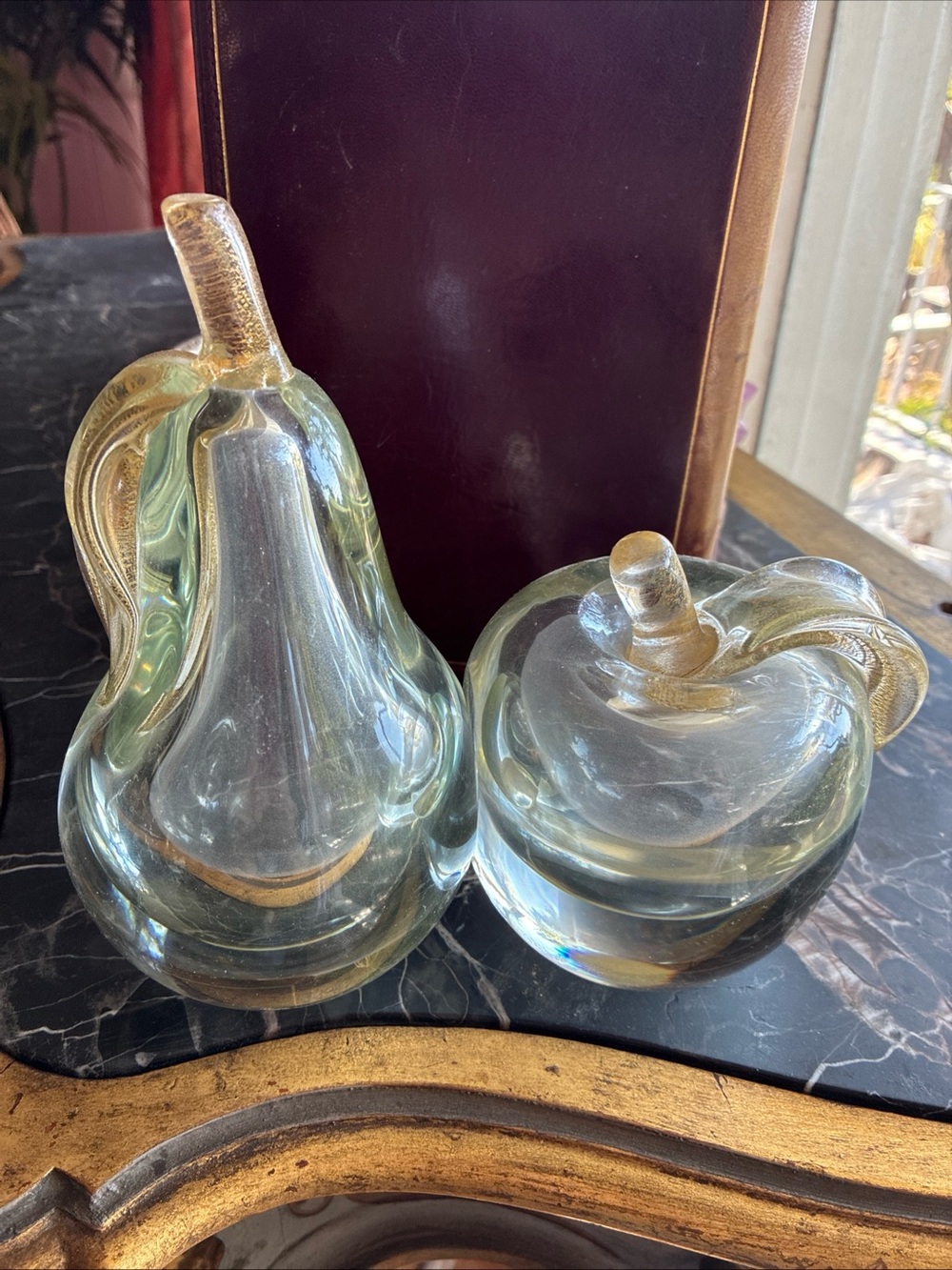 Murano glass pear, and Apple book ends